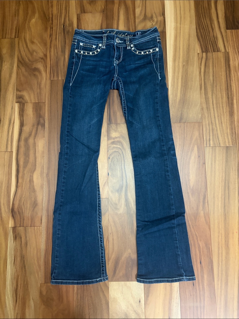 L.A. idol Dark Blue Flare Jeans with Contrast Stitching